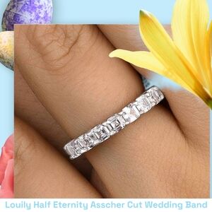 Louily Half Eternity Asscher Cut Wedding Band Sterling Silver Size 4.5